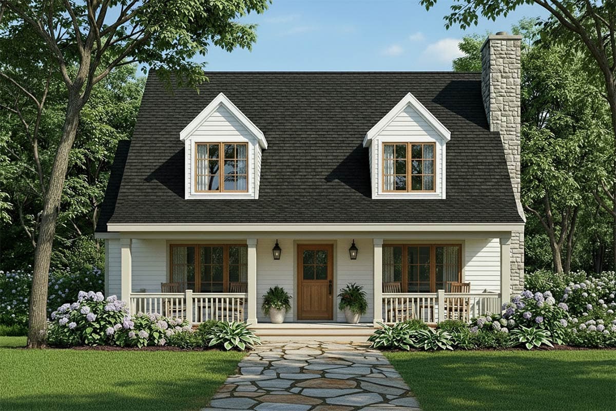 House plan exterior: Two-story Modern Farmhouse with gambrel roof, front porch, dormers, and stone chimney.