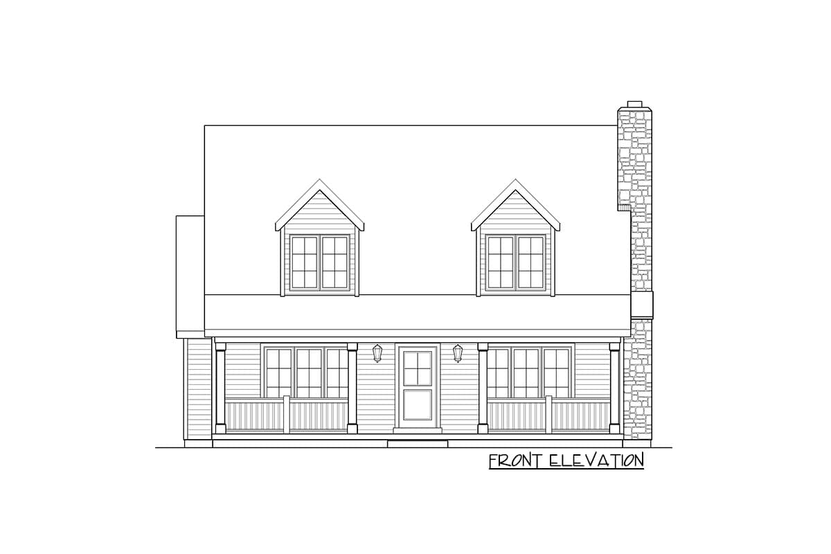 Front elevation of a two-story house plan with a covered porch, dormers, and stone chimney.