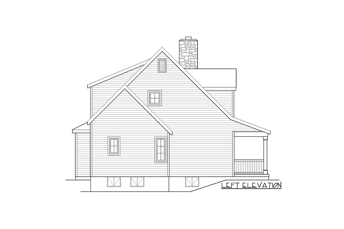 Left elevation house plan showing gabled roof, stone chimney, dormer window, and covered porch with railing.