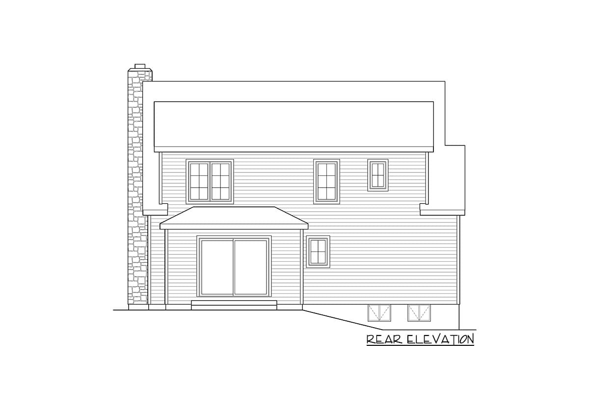 Rear elevation drawing of a two-story house plan with a stone chimney, sliding glass doors, and multiple windows.