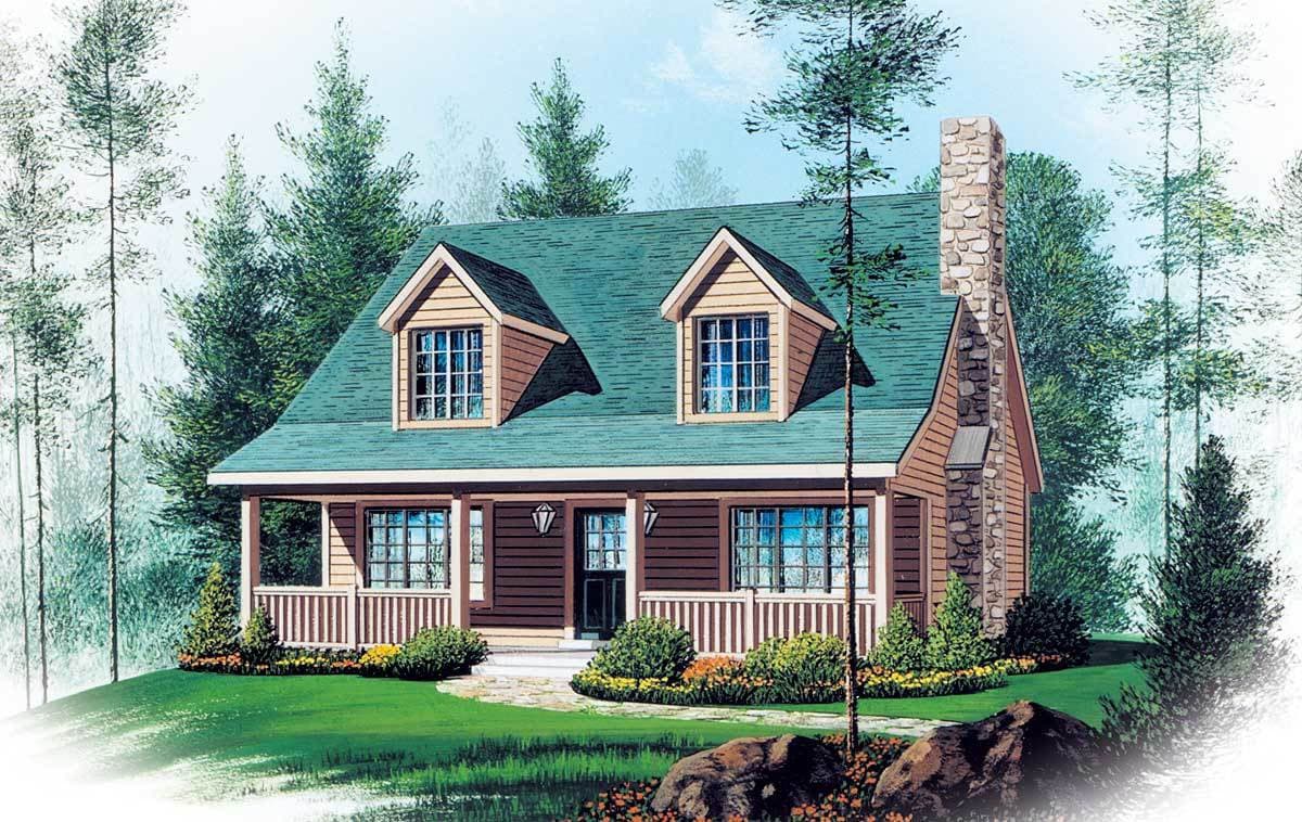 House plan exterior. Two-story cottage with a front porch, two dormers, and a stone chimney. Green shingle roof and wood siding are visible.