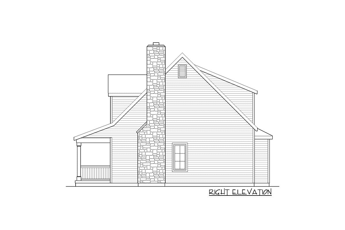 House plan right elevation showing a pitched roof, stone chimney, covered porch, and siding.