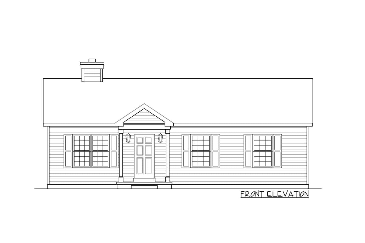 Front elevation drawing of a one-story house with a gable roof, prominent central entryway with decorative columns, and multiple sash windows.