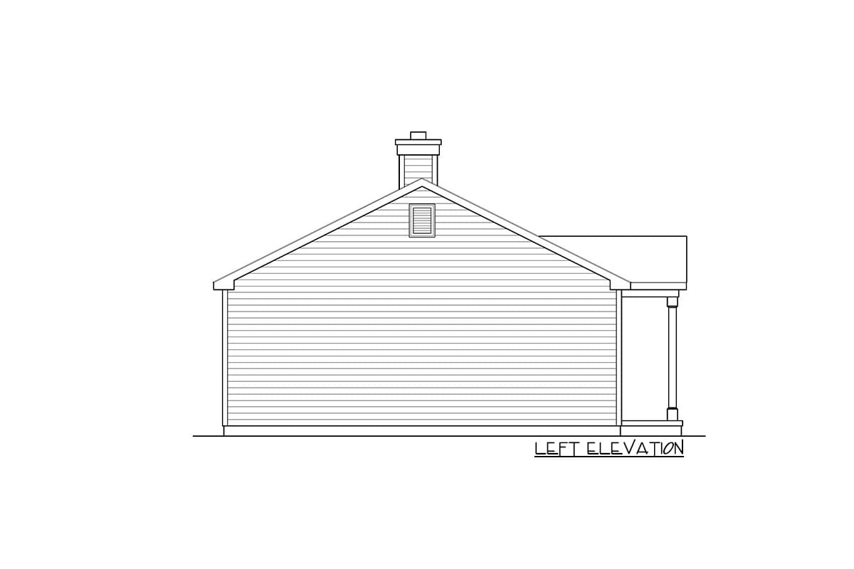 Left elevation house plan drawing showing siding, a gable roof, dormer window, chimney, and columned entry.