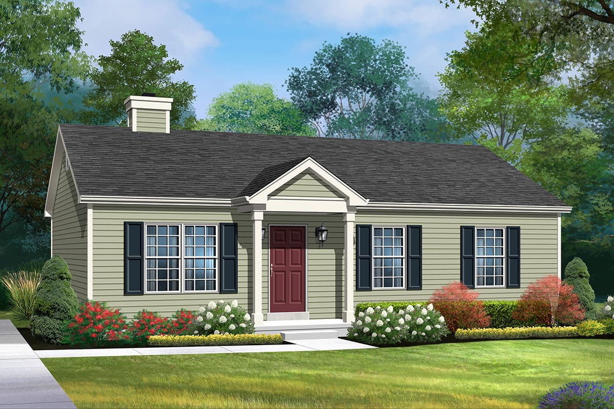 House plan exterior. Ranch style with a single story, front-facing gable, portico, and contrasting shutters.