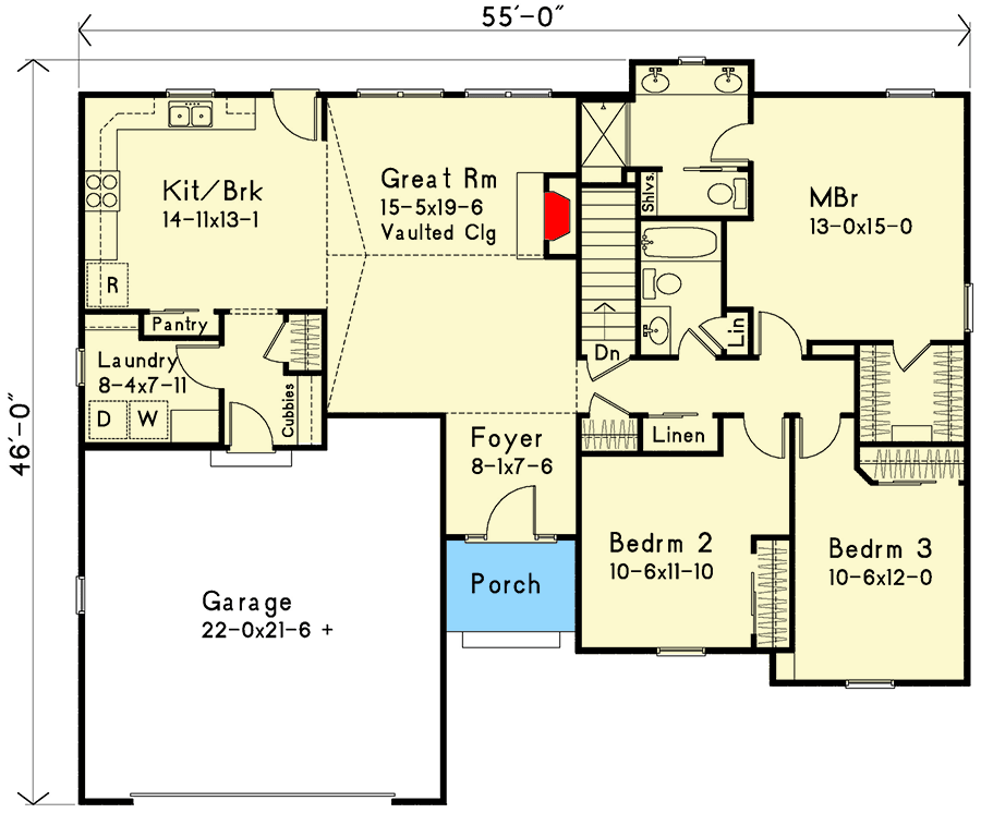 Plan 22156SL: One-Level Traditional Home Plan with Vaulted Ceiling above Great Room - Floor Plan - Main Level - Ranch, Traditional
