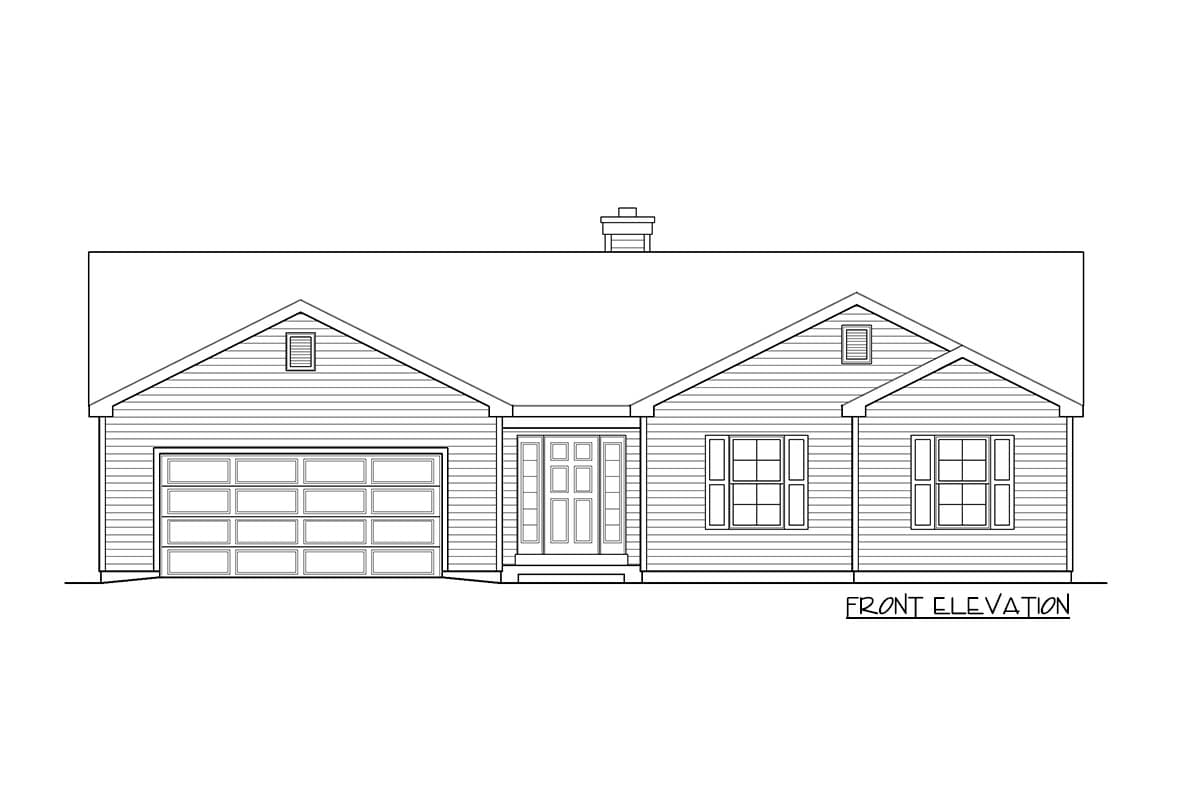 Front elevation house plan: single-story, gable roof, attached garage, central entry with double door, and multiple windows.