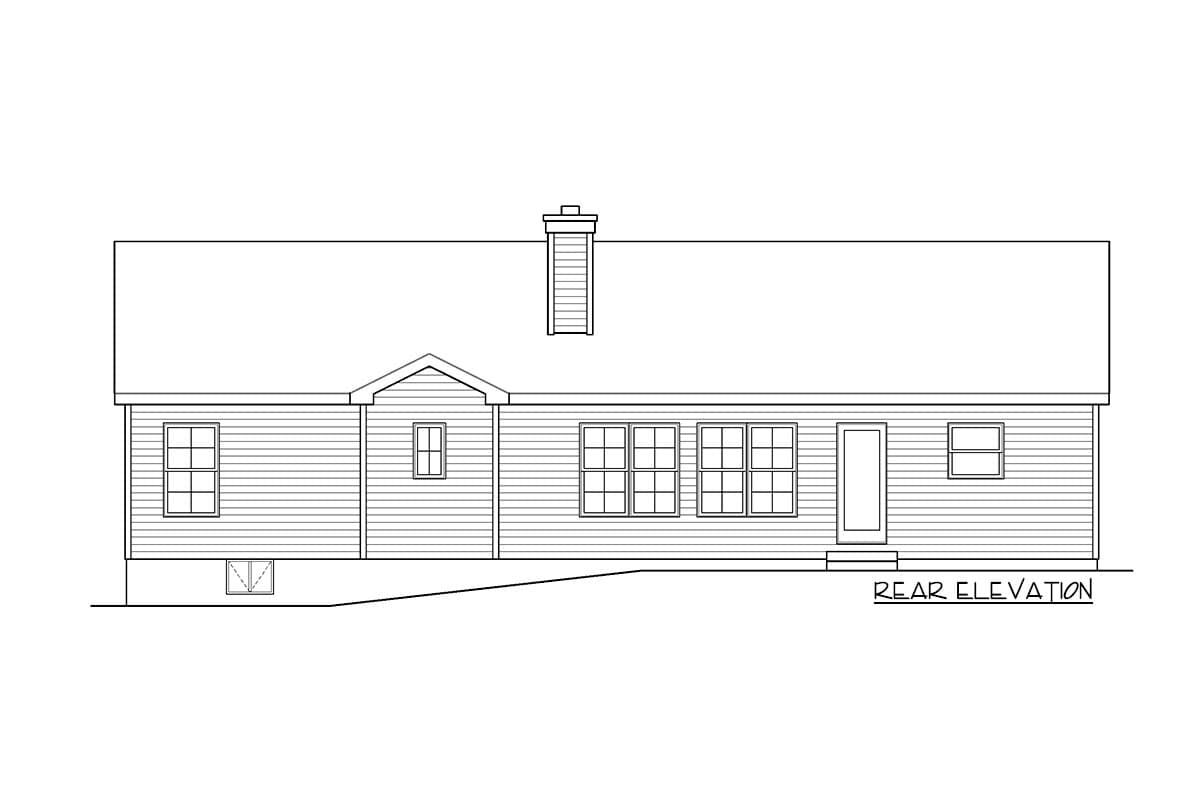 Rear elevation of a house plan showing a gabled dormer, chimney, multiple windows, and a door.