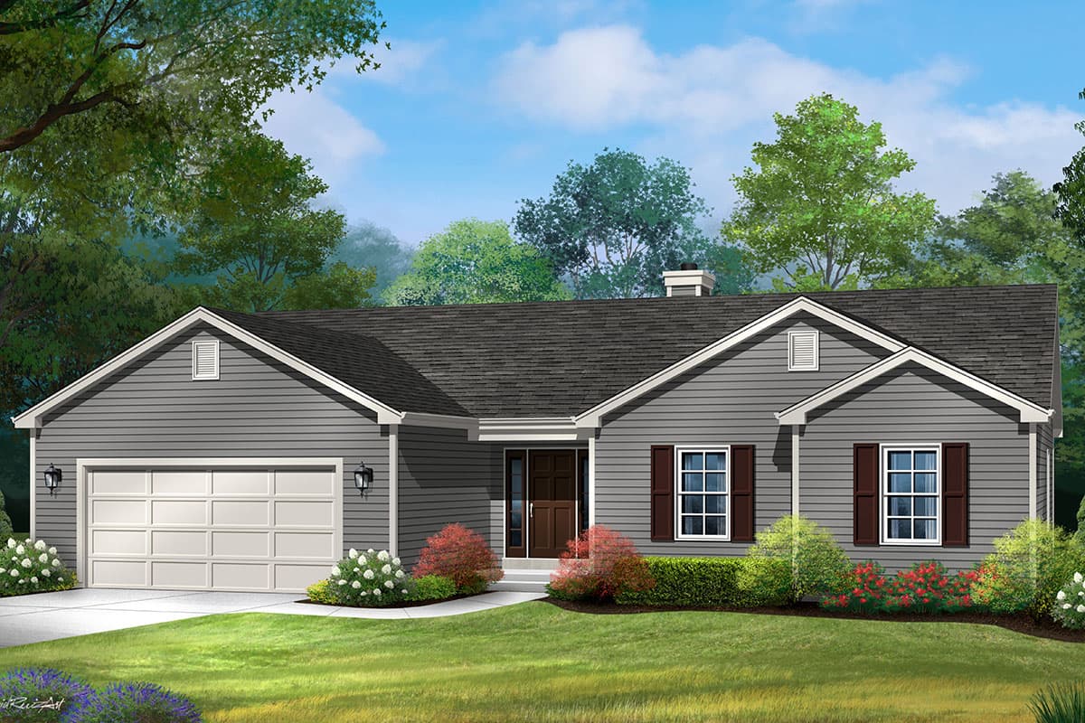 House plan exterior. Ranch style with a two-car garage, multiple gables, and a front porch. Features include dark shutters and a chimney.