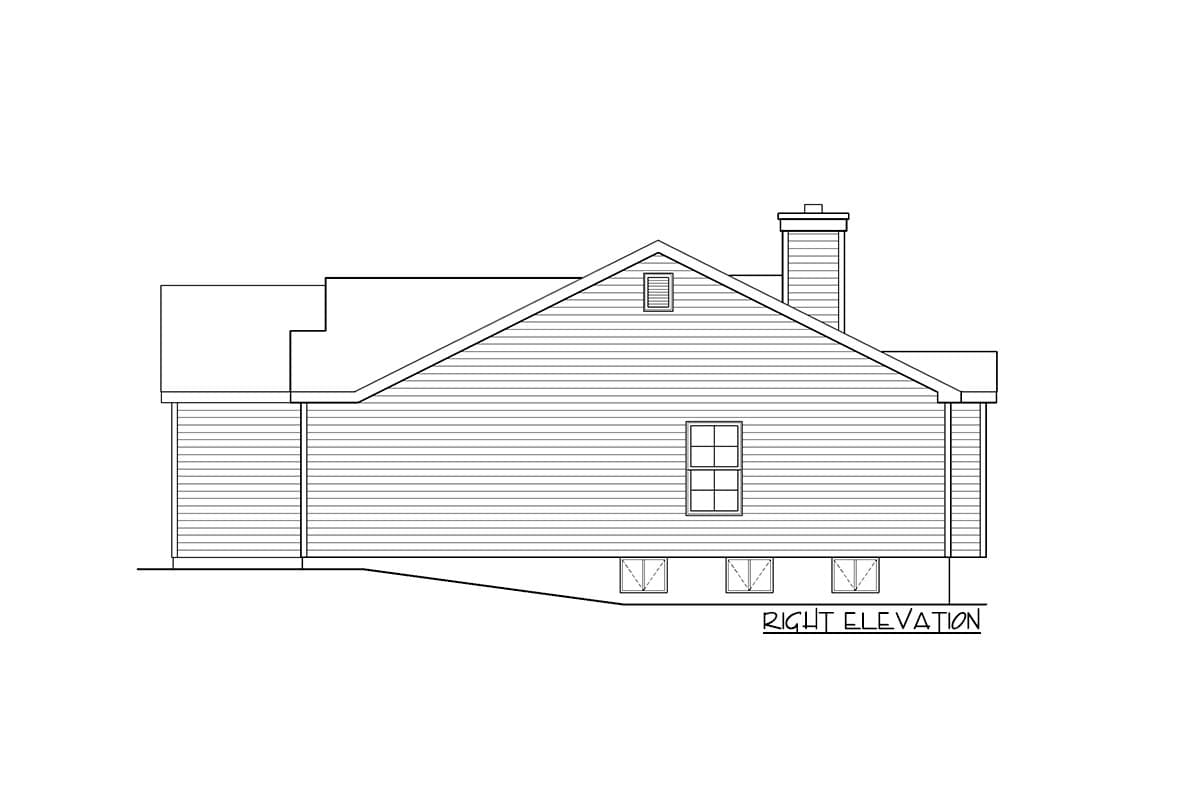 Right elevation house plan drawing showing a side view with clapboard siding, a gable roof, a dormer, and a chimney.