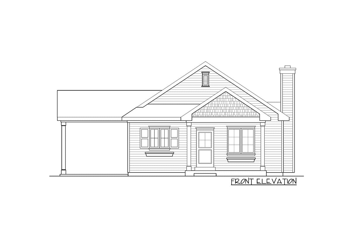 Front elevation drawing of a one-story house plan with gabled roof, attached garage, dormer, and chimney.