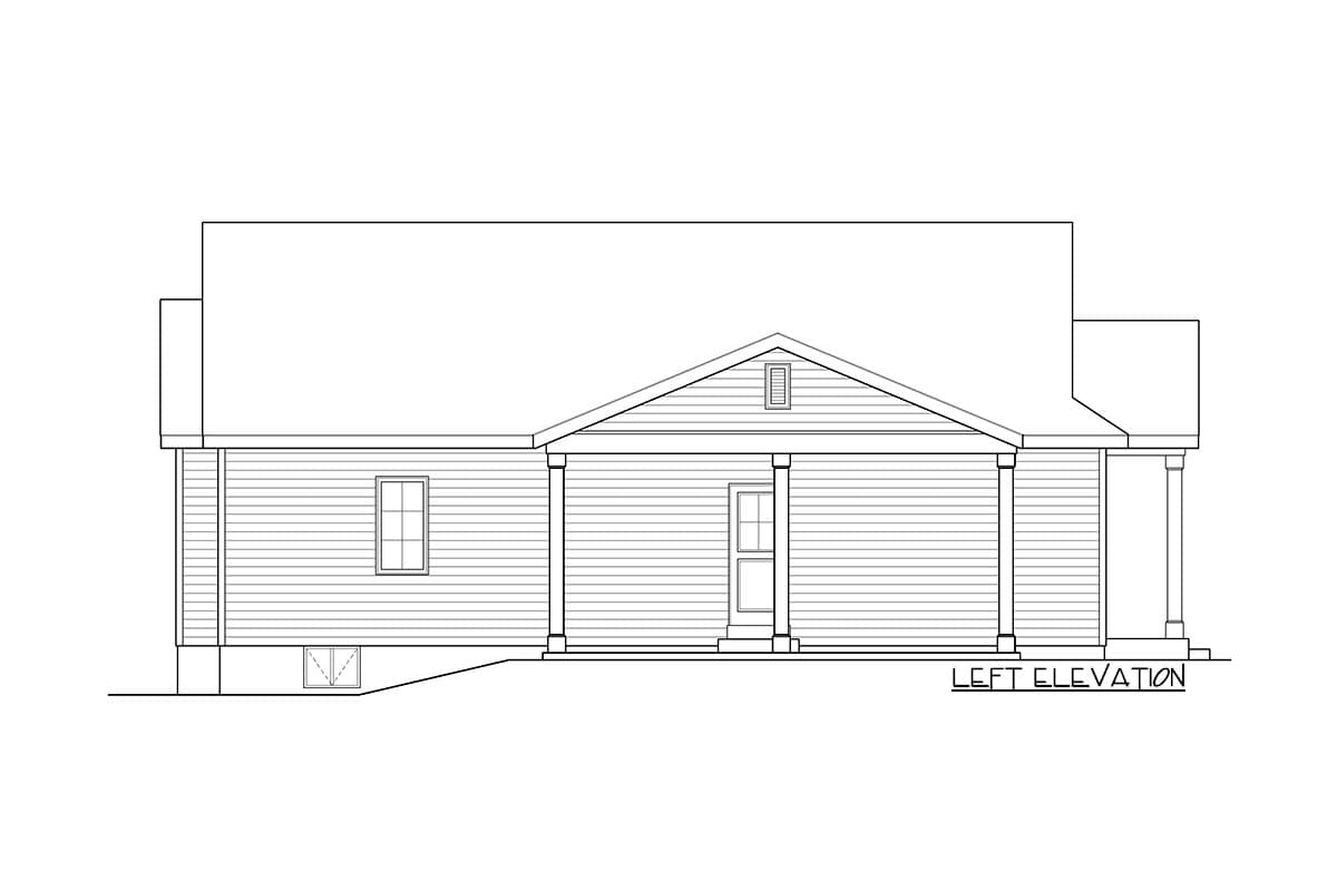 Left elevation of a one-story house plan with a front-facing gable, covered porch with columns, and horizontal siding.