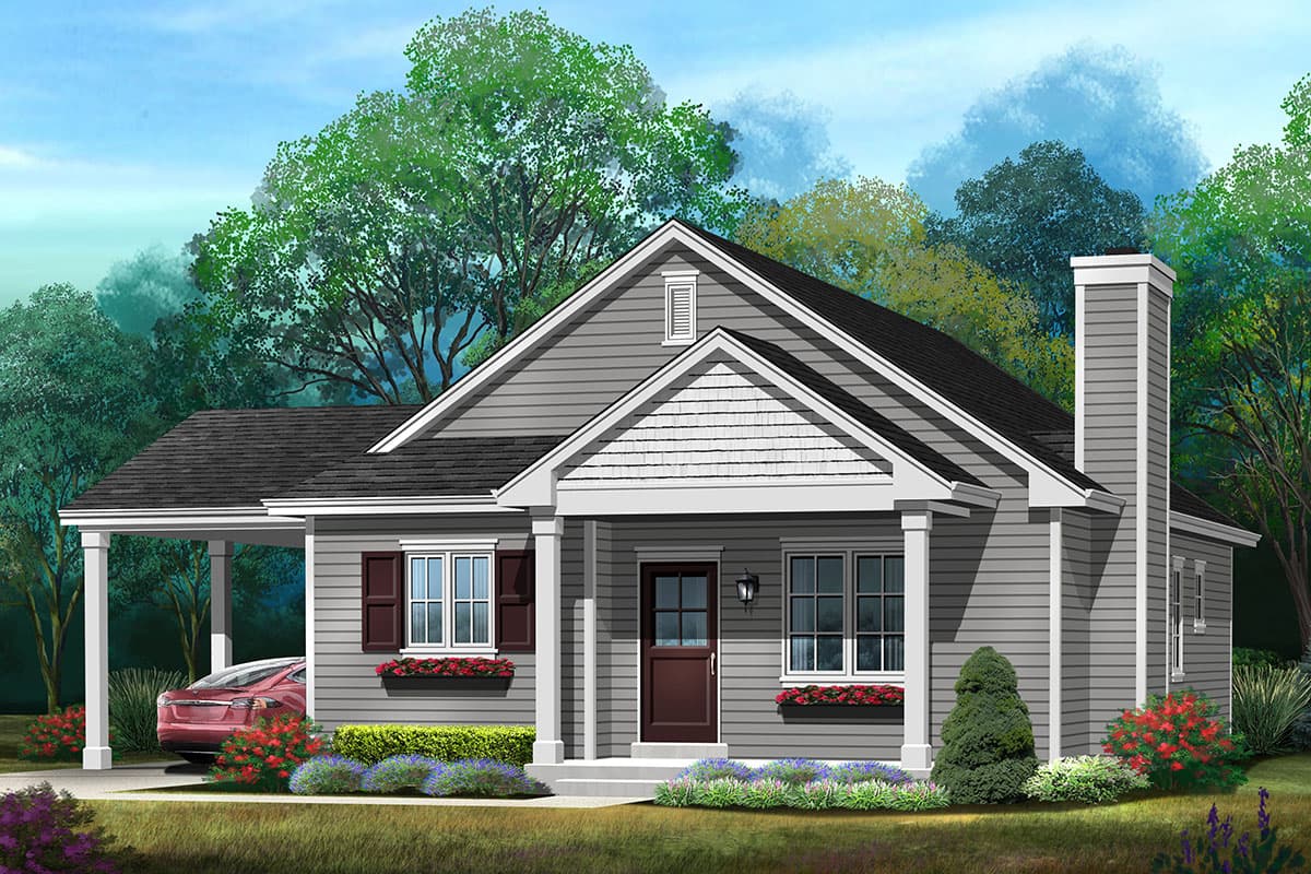 House plan exterior. One-story Ranch style home with a gabled roof, covered porch, and attached carport. Features include a prominent chimney.