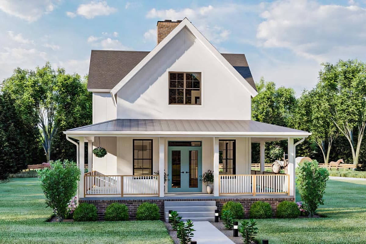 House plan exterior. Two-story Modern Farmhouse with a front porch, gabled roof, and multiple windows. Features a center chimney.