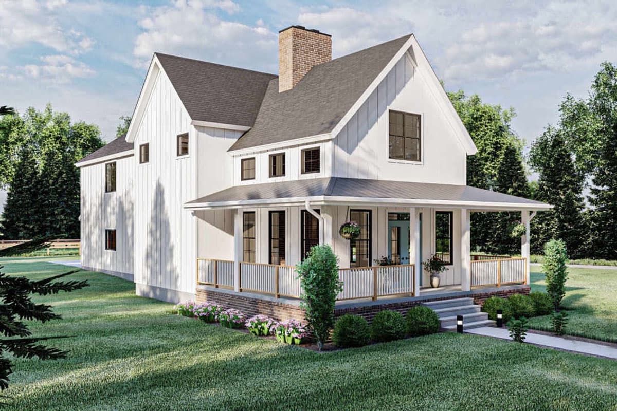 Modern farmhouse house plan exterior, two stories, with board-and-batten siding, gables, and a wraparound porch.