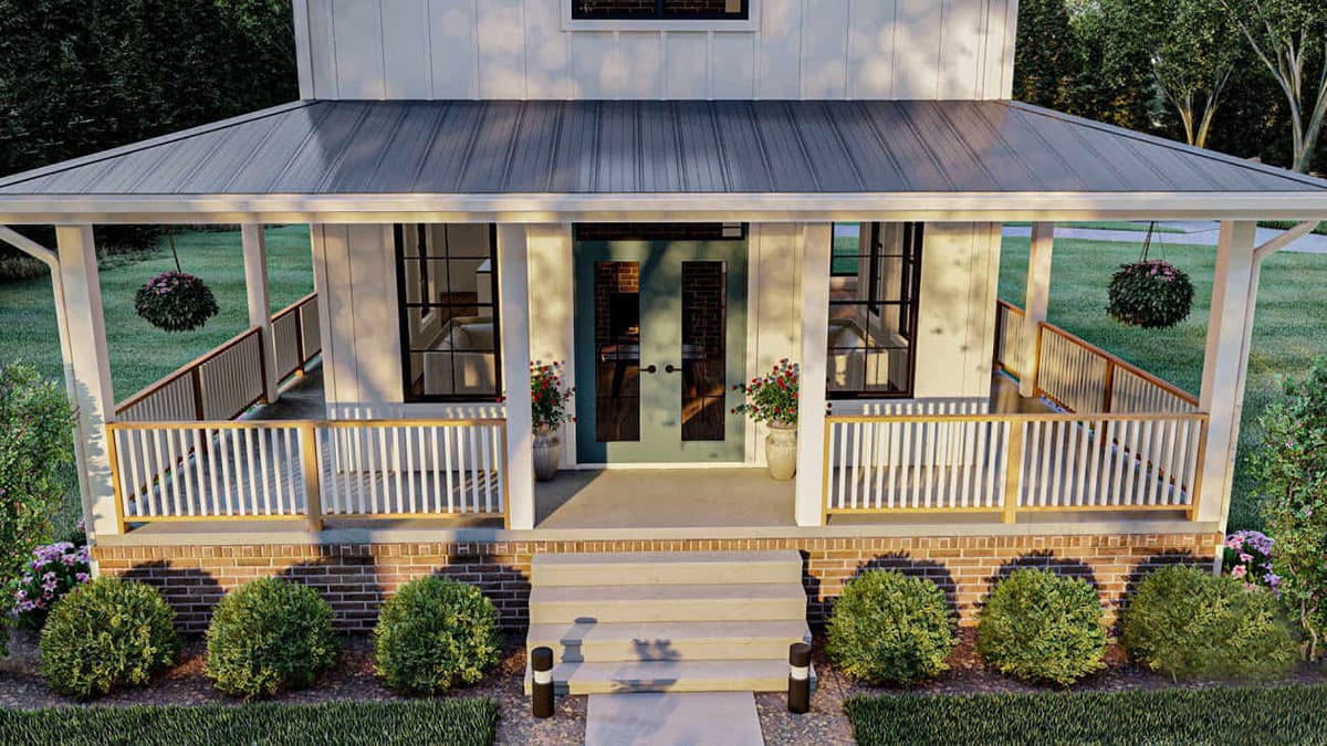 House plan exterior featuring a wide covered porch with metal roof, white railings, and double entry doors.