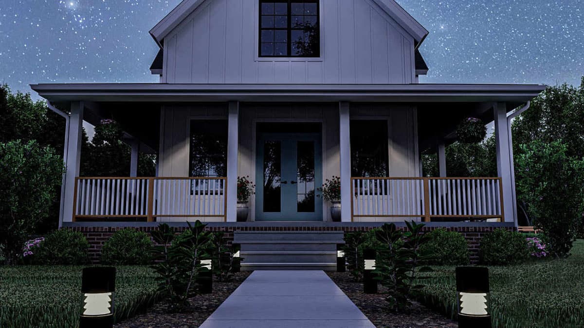 Modern Farmhouse house plan exterior with a full-width porch, gable roofline, and double entry doors.