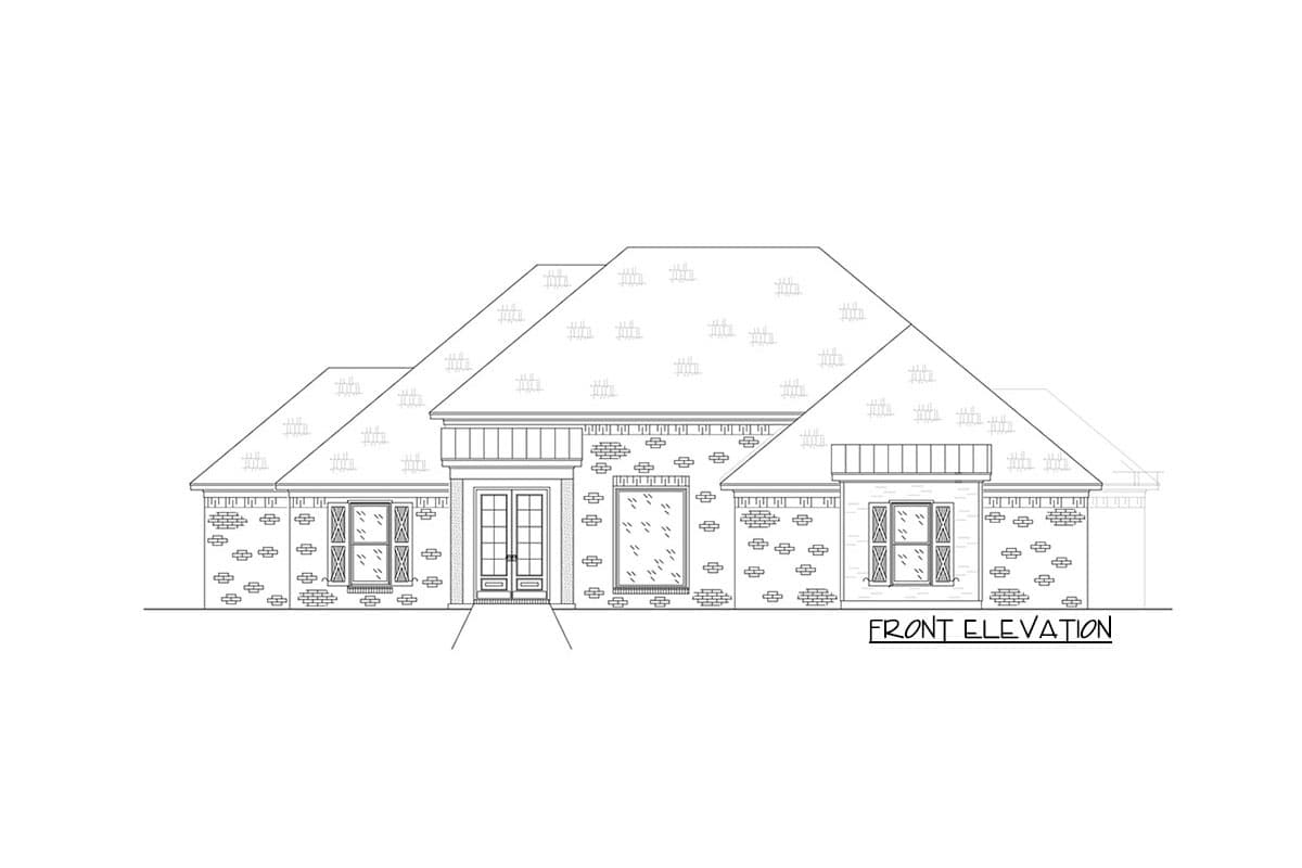 Front elevation drawing of a one-story house with a hip roof, brick exterior, double front doors, and multiple windows.