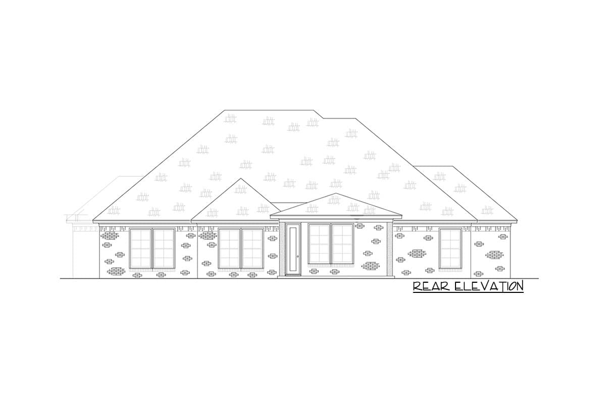 Rear elevation drawing of a one-story house plan with brick detailing, multiple gables, and prominent rooflines.