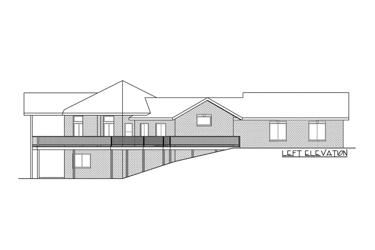 Left elevation house plan drawing showing a multi-level brick home with a deck, multiple gables, and varied rooflines.