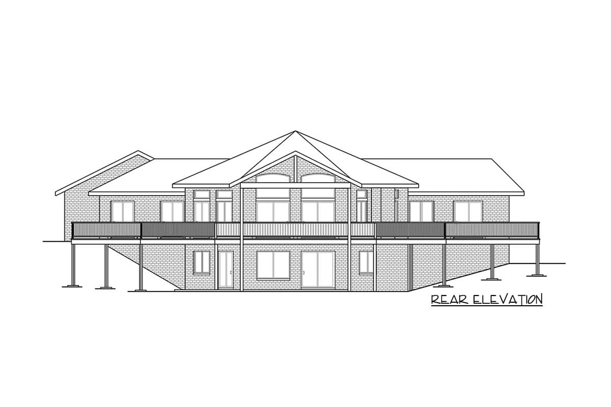 Rear elevation drawing of a house plan featuring a raised deck, multiple windows, gables, and a prominent central roof peak.