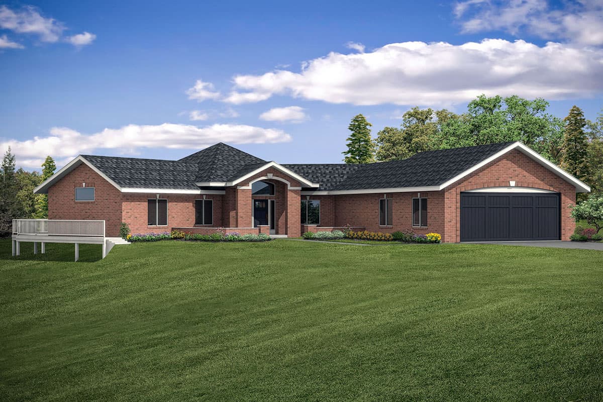 House plan exterior. One-story Ranch style home with brick facade, gable roof, covered entry porch, and attached garage with black door.