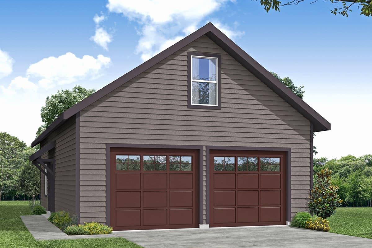 House plan exterior. Two-story garage with gable roof, two garage doors, and a small dormer window.