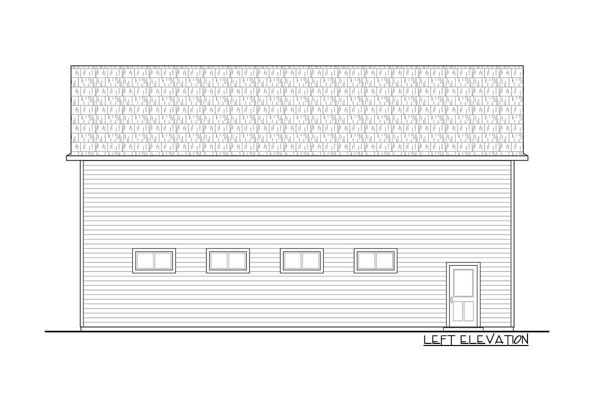 Left elevation drawing of a house plan featuring horizontal siding, a pitched roof, five windows, and one door.