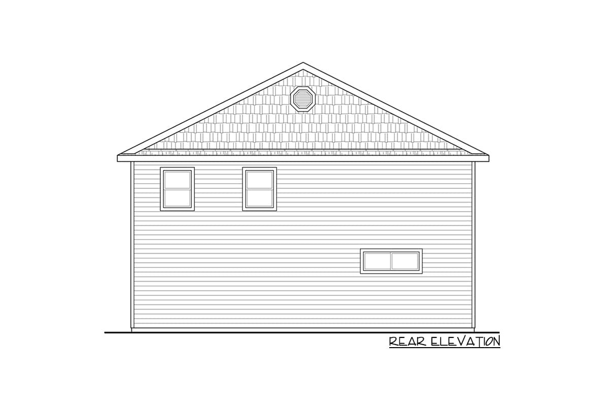 Rear elevation drawing of a house plan showing horizontal siding, two upper windows, one lower window, and a gabled roof with an octagonal vent.