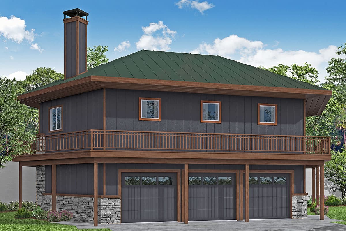 House plan exterior: Two-story design with a large wrap-around deck, three garage bays, and a prominent chimney.