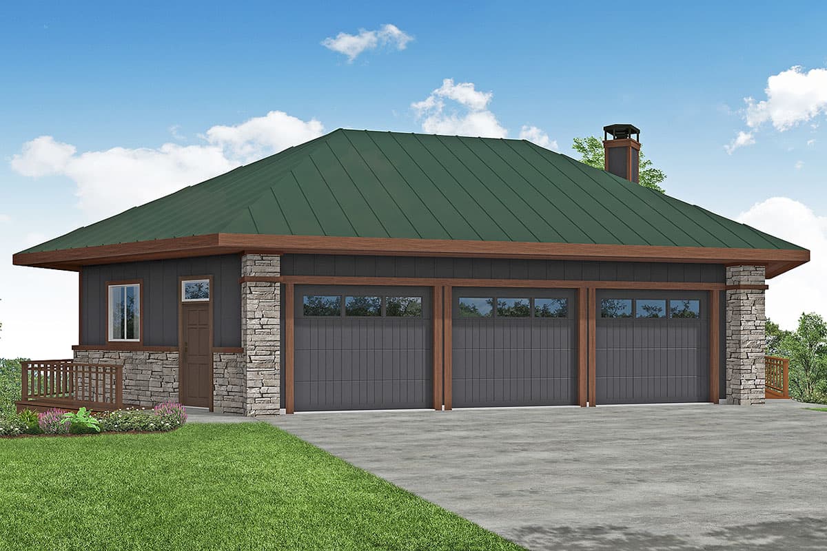 House plan exterior. Single-story structure with green metal roof, three-bay garage, stone veneer accents, and a small porch.