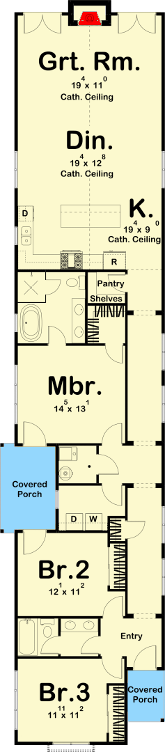 Plan 62901DJ: 22'-Wide House Plan for the Very Narrow Lot - Floor Plan - Main Level - Country