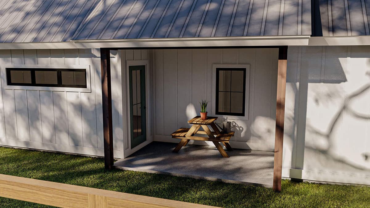 House plan exterior: Modern Farmhouse style, one-story, metal roof, wide lap siding, and covered porch with picnic table.