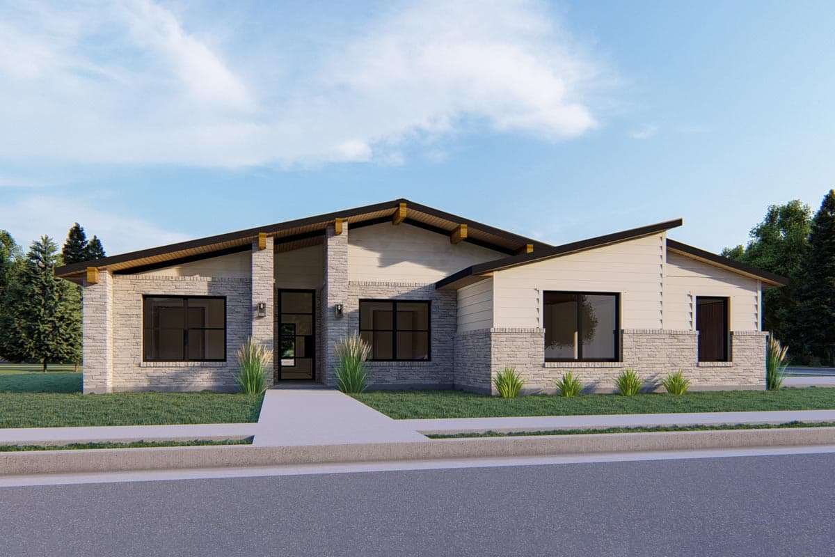 House plan exterior with modern style, one story, and flat roof. Features include brick and wood siding, and large windows.