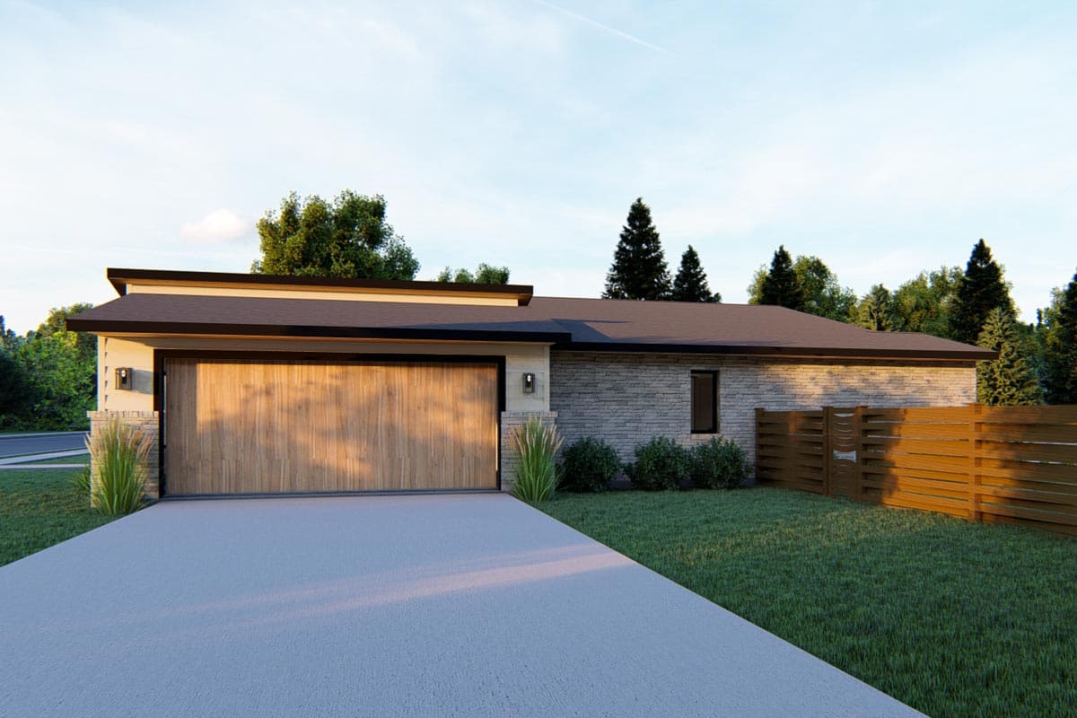 Modern single-story house plan exterior with stone facade, flat roof, and wood garage door.