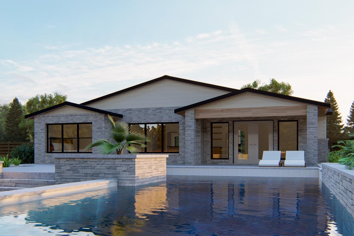 Modern house plan exterior with stone facade, horizontal siding, gabled roof, and covered patio with glass doors.