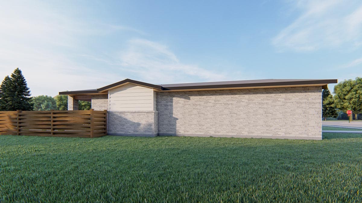 Modern house plan exterior with stone and horizontal siding, flat roof, covered entry, and wood privacy fence.