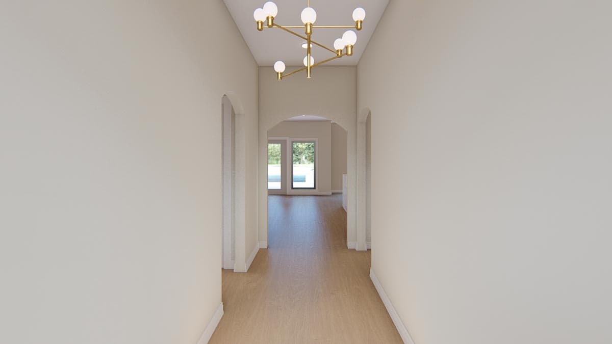Interior view of a hallway with arched doorways, light wood flooring, and a modern multi-light chandelier.