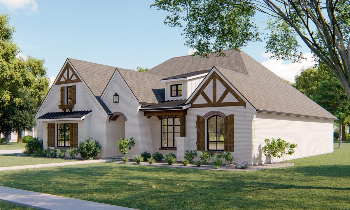 House plan exterior: Modern Farmhouse style with brick facade, prominent gables, wood accents, and arched entry.