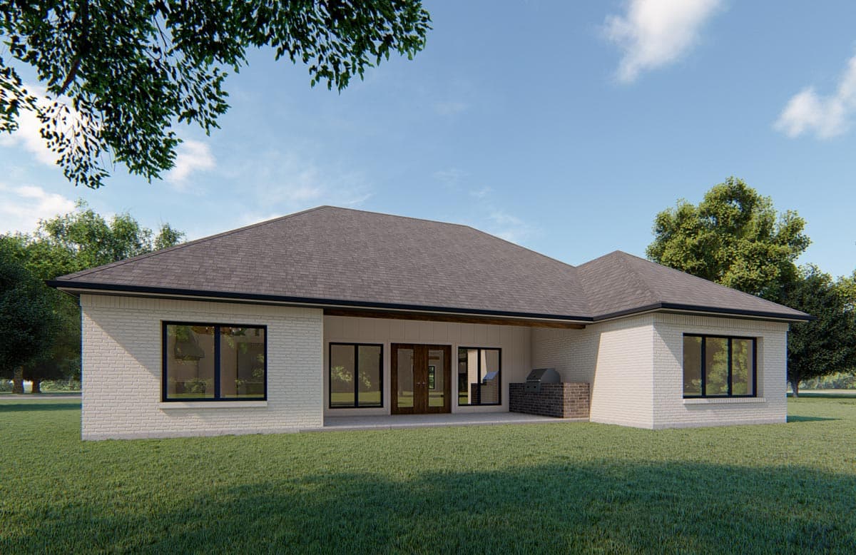 House plan exterior of a single-story modern home with white brick, large windows, covered patio, and built-in grill.
