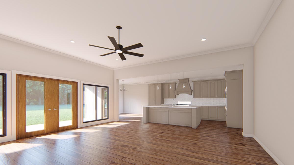 Interior rendering showing open-concept living space with a kitchen island, double doors, and large windows.
