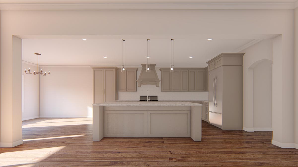Kitchen with island, range hood, subway tile backsplash, and refrigerator. View includes dining area.