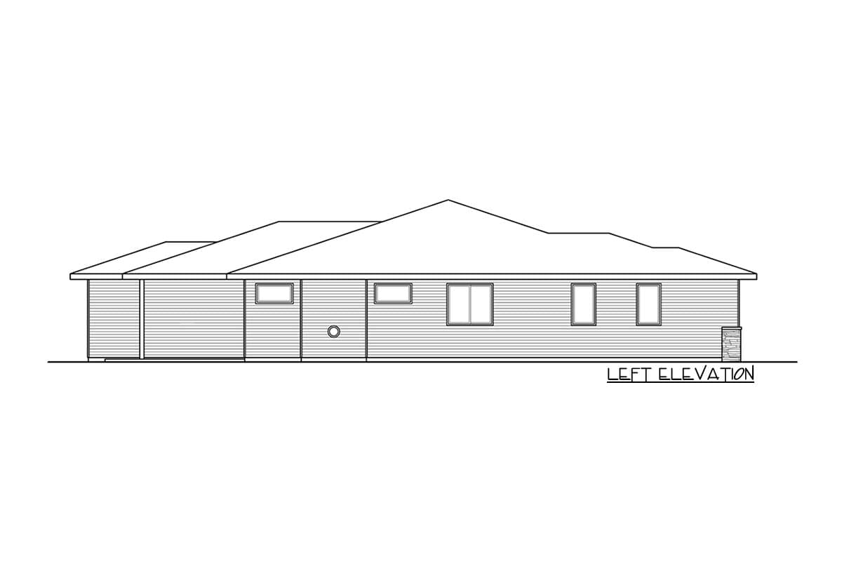 Left elevation drawing of a single-story house plan with horizontal siding, multiple windows, and a prominent roofline.