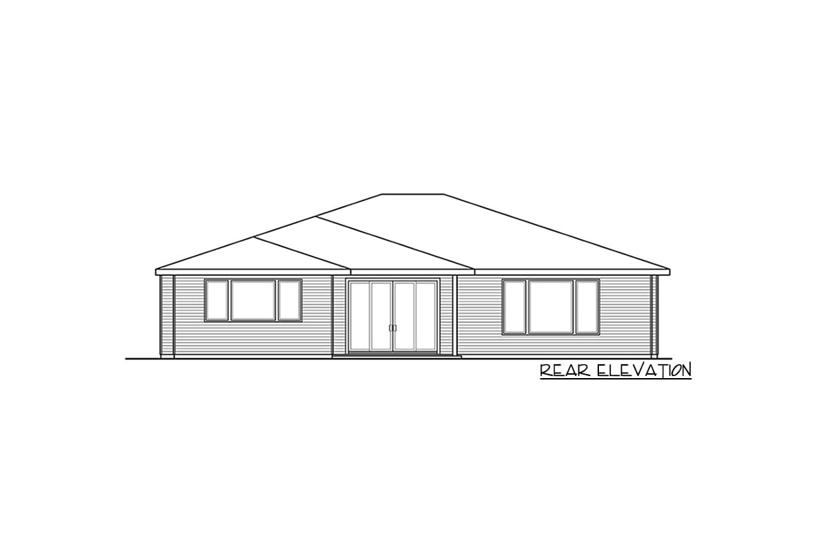Rear elevation of a single-story house plan with horizontal siding, two windows, and double glass doors.