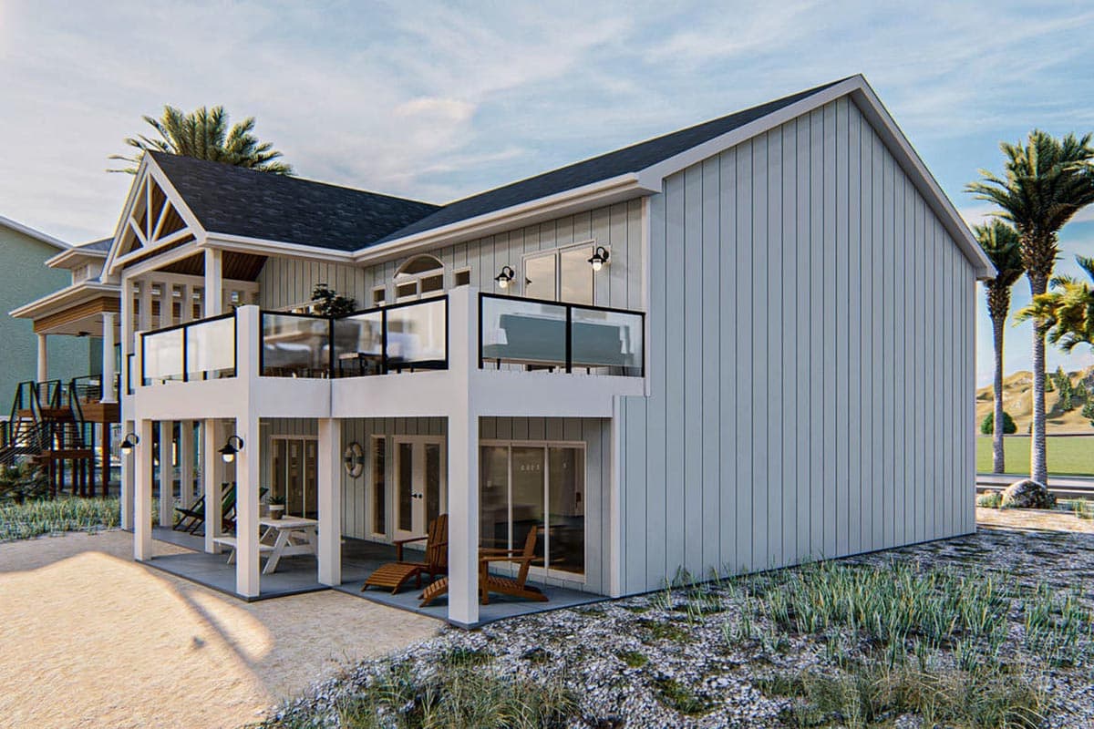 House plan exterior view of a two-story modern home with vertical siding, gabled roof, and a wraparound deck with glass railings.