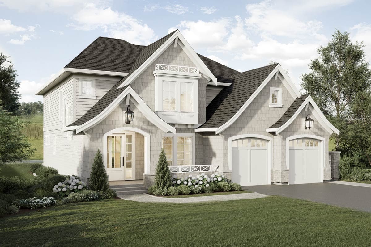 House plan exterior featuring a two-story design, arched entryway with decorative gable, and a side-facing three-car garage.