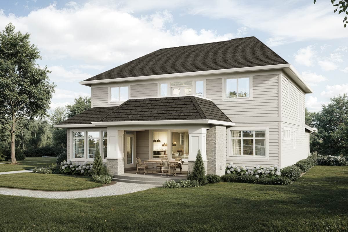 House plan exterior: Two-story dwelling with a covered porch, stone accents, gabled roof, and horizontal siding.