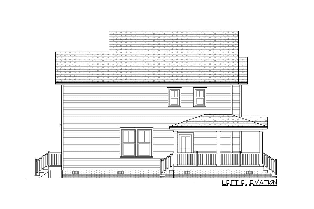Left elevation house plan drawing shows a two-story house with horizontal siding, a covered porch, and multiple gables.