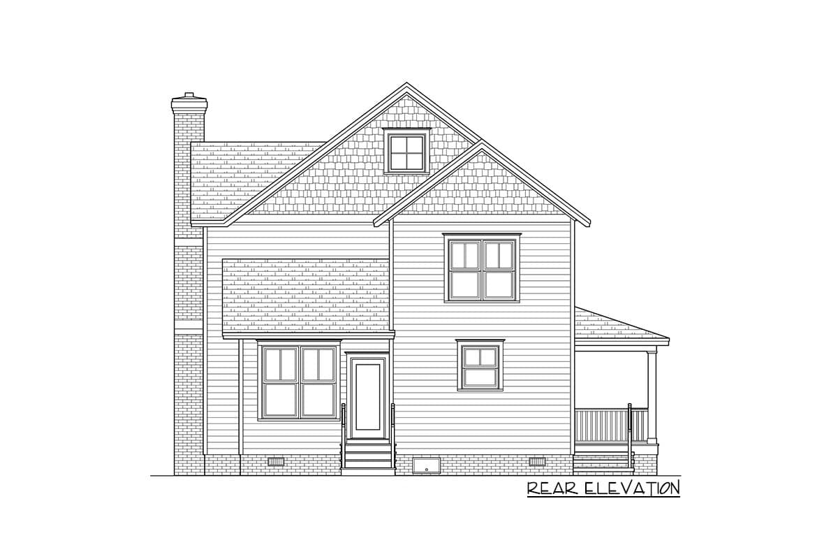 Rear elevation drawing of a two-story house plan with a brick chimney, shingled gables, and a covered rear porch.