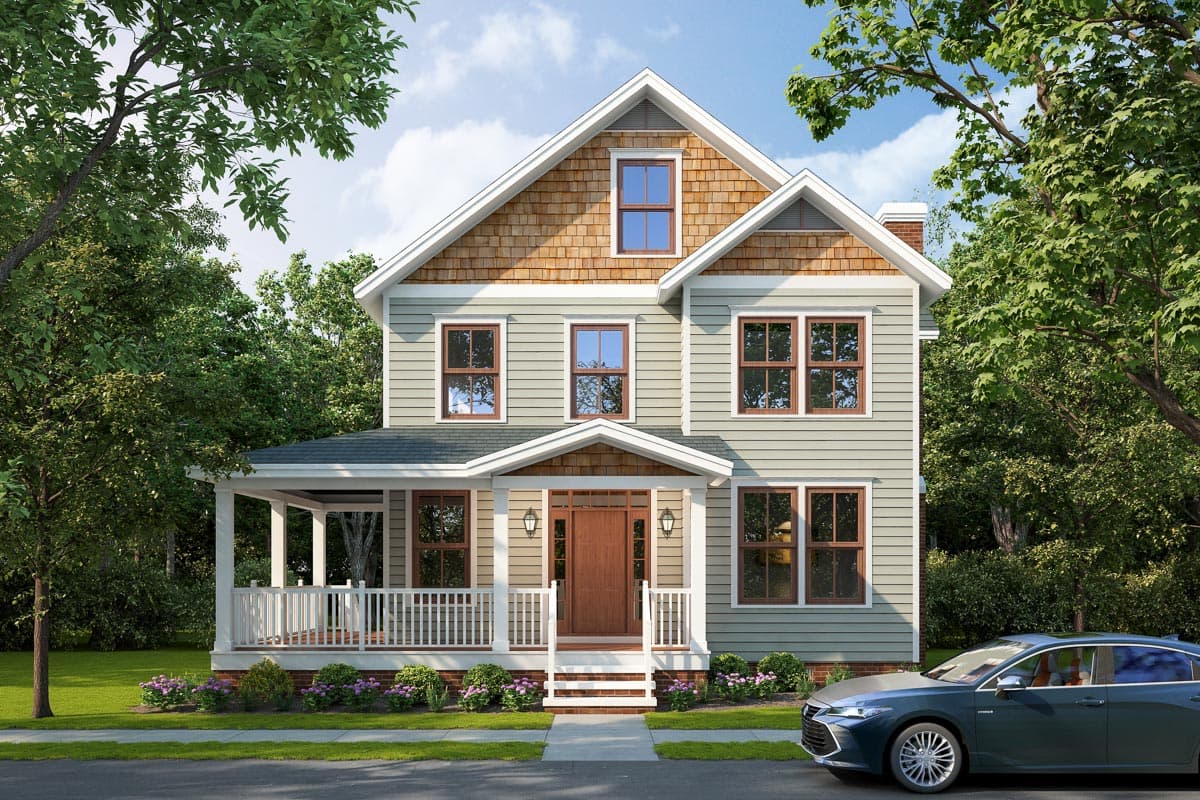 House plan exterior. Two-story Craftsman home with a front porch, gabled roof, and wood shingle accents in the gables.